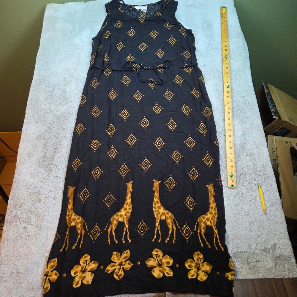 VTG Betsy Lauren Maxi Dress Women 16P Giraffe Hibiscus Print Sleeveless Blk Gold